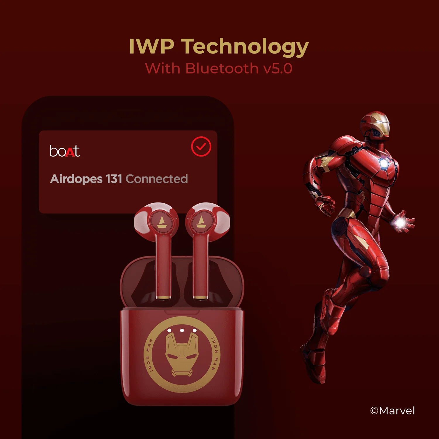 boAt Airdopes 131 Iron Man Marvel Edition | Wireless Earbuds with 13mm Audio Drivers, Upto 60 Hours Playback, IWP Technology, Voice Assistant, Type C Charging - Image 4