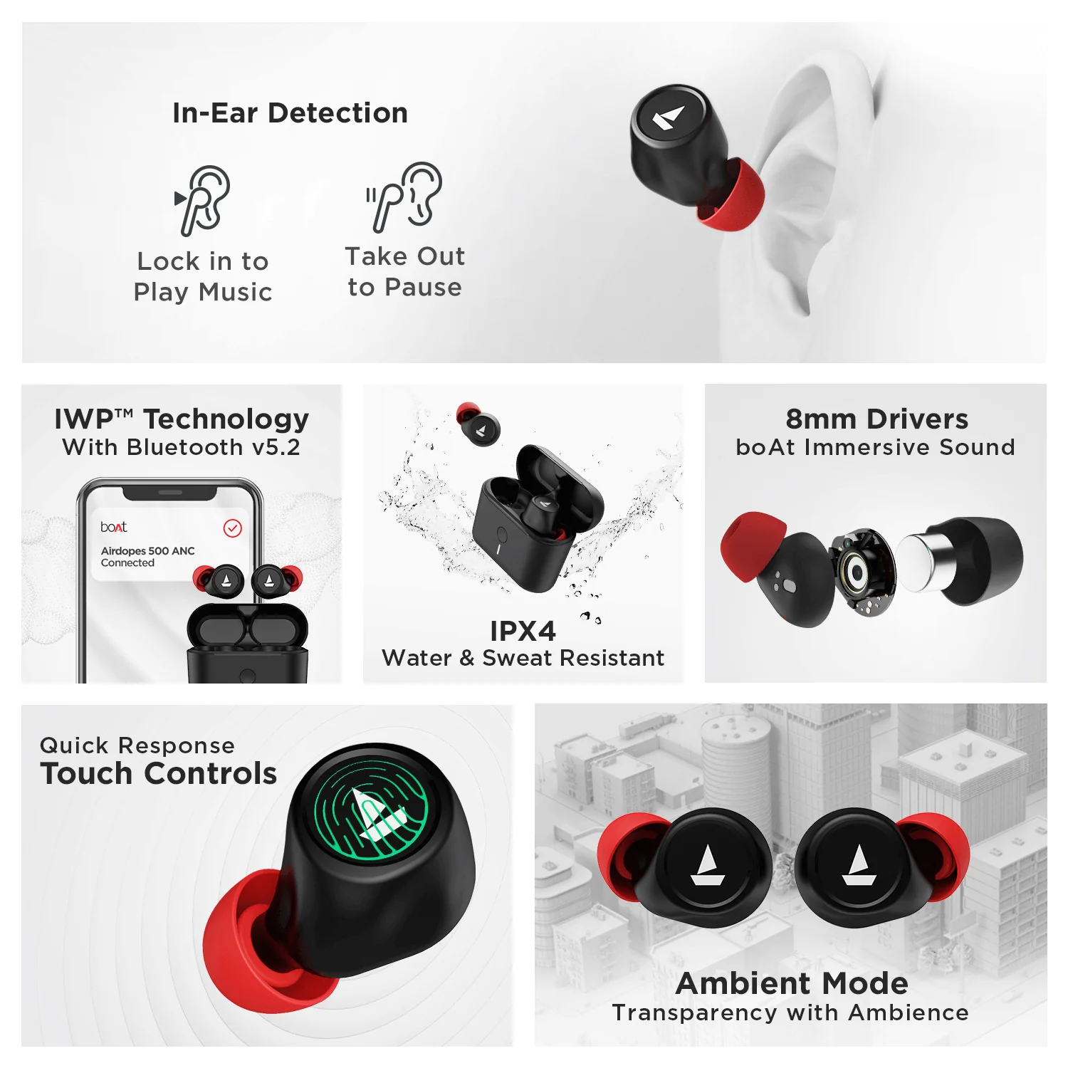 boAt Airdopes 500 ANC | Wireless Earbuds with 35dB Hybrid Active Noise Cancellation, 8mm Drivers, Quad Mics with ENx™ Technology, ASAP™ Charge - Image 16