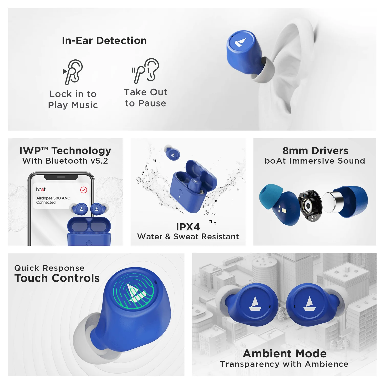 boAt Airdopes 500 ANC | Wireless Earbuds with 35dB Hybrid Active Noise Cancellation, 8mm Drivers, Quad Mics with ENx™ Technology, ASAP™ Charge - Image 17