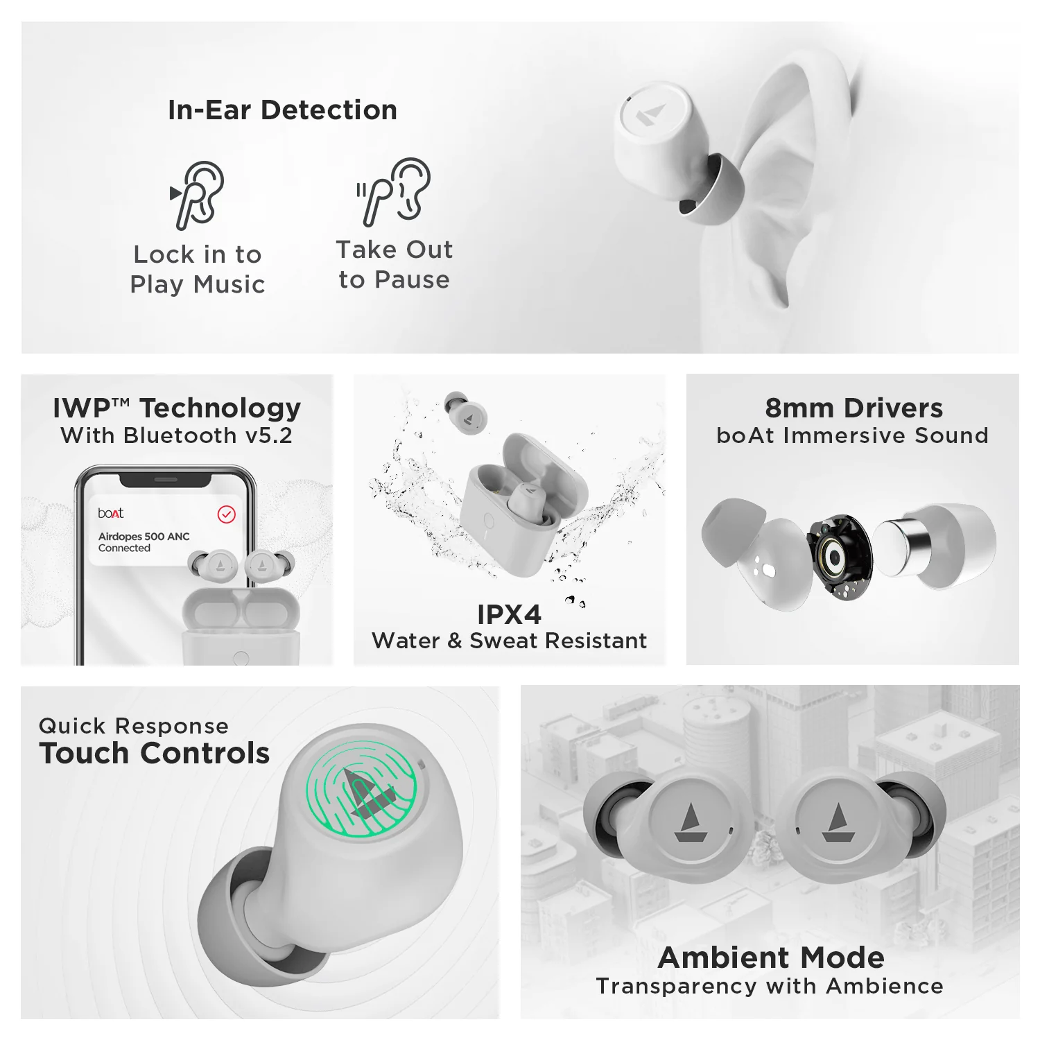boAt Airdopes 500 ANC | Wireless Earbuds with 35dB Hybrid Active Noise Cancellation, 8mm Drivers, Quad Mics with ENx™ Technology, ASAP™ Charge - Image 18